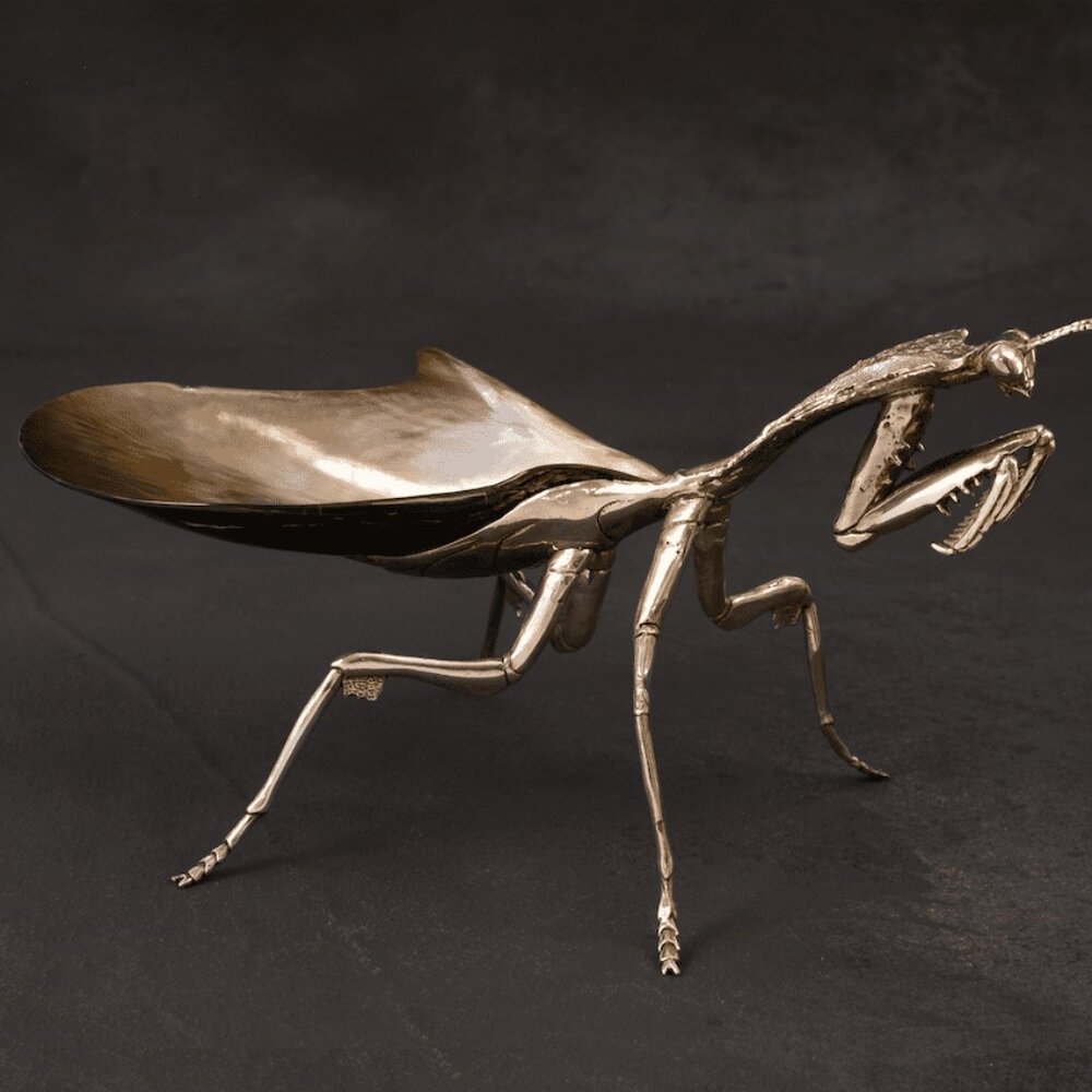 Silver Plated Praying Mantis with Brown Lip Shell Body